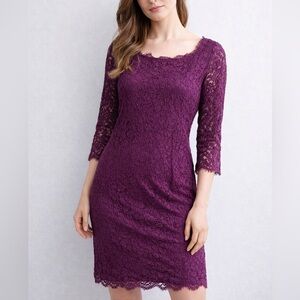 🆕💜Adrianna Papell Plum Purple Lace Sheath Dress 3/4 Sleeve Back Zip Lined Size 8